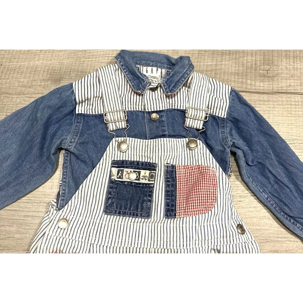 Vintage 90 Baby Gap Boys Stripe Denim Overalls & Shirt XL 18-24 Months Snaps